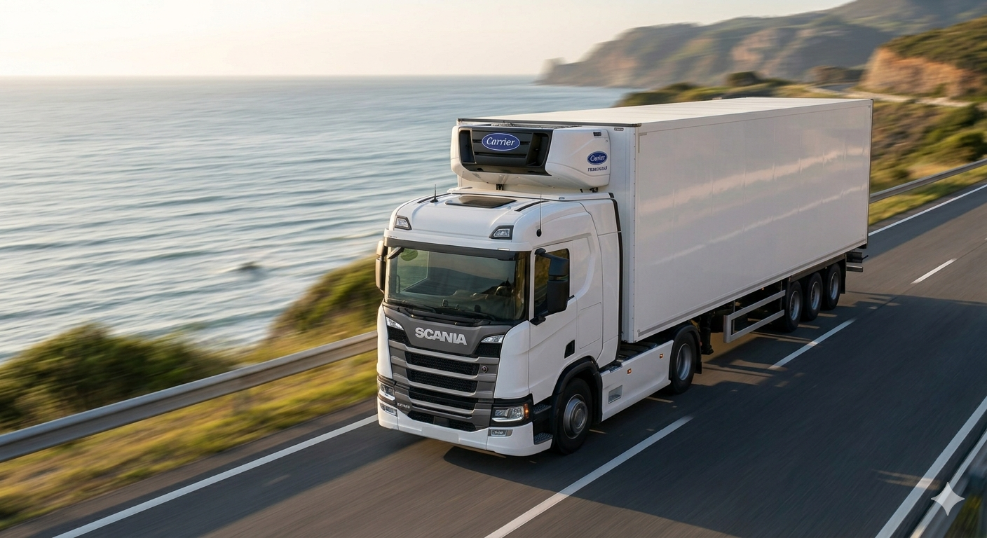 Refrigerated truck carrying cold-chain cargo along a coastal highway